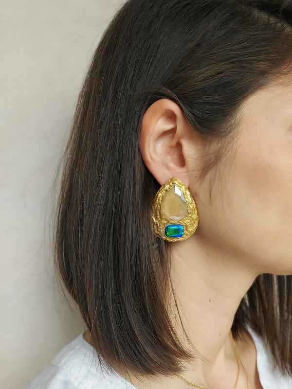 Tear Paper Mache with Green-Blue Stone Earring