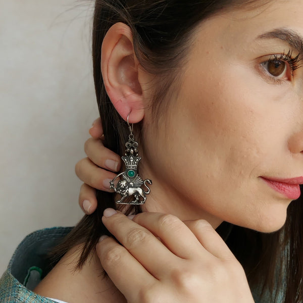 Silver Shir o Khorshid with Green Marble Earrings