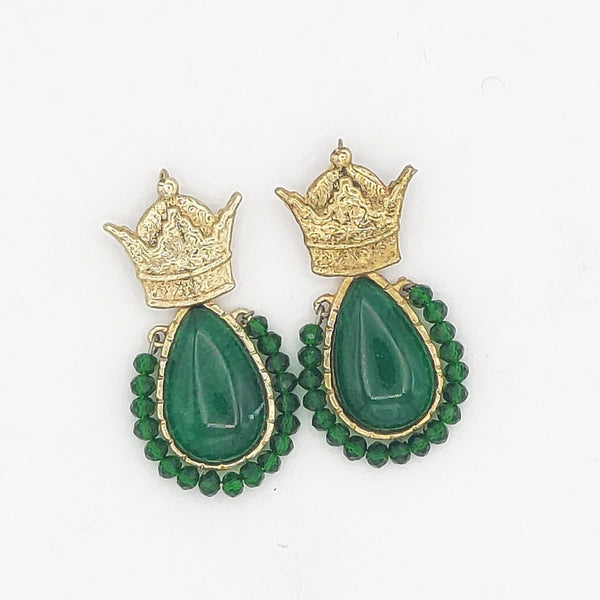 Crown Brass Jade Stone Earrings