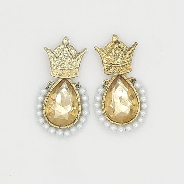 Crown Brass Golden Stone Earrings