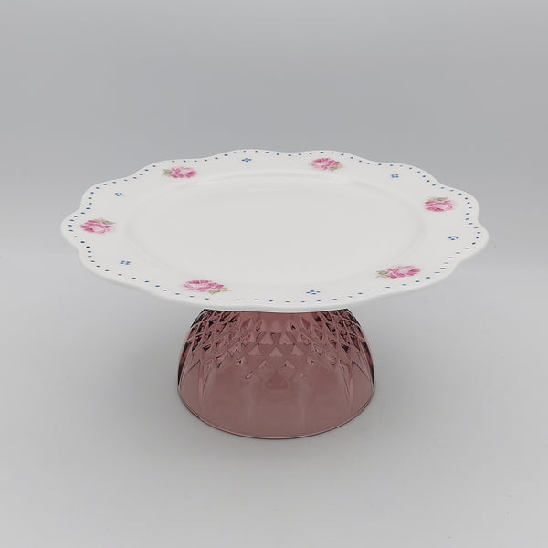 Wavy Rim Medium Rose Plate with Purple Glass Stand