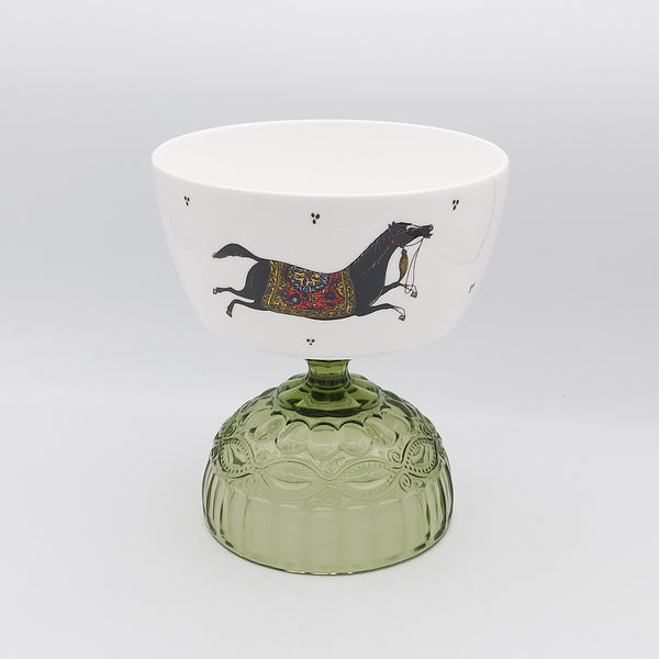 Torkaman Horse Deep Bowl with Olive Green Stand