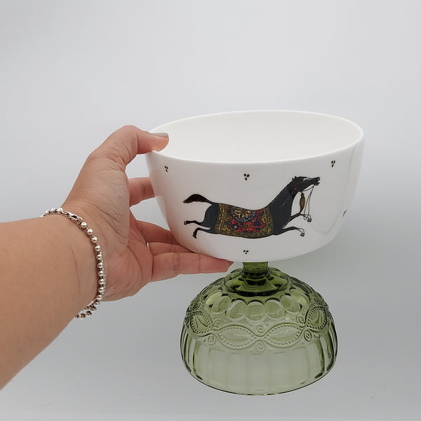 Torkaman Horse Deep Bowl with Olive Green Stand
