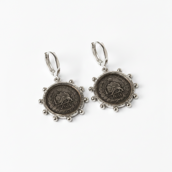 Pahlavi Coin Lion & Sun Silver Earrings