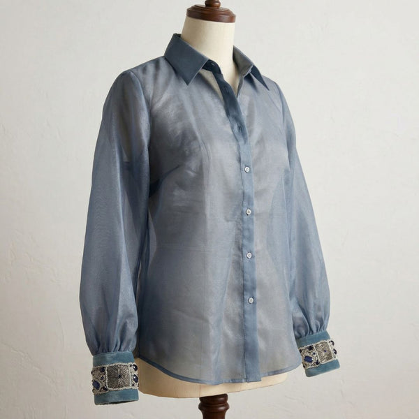 Blue-Gray Organza Blouse with Sermeh-Doozi