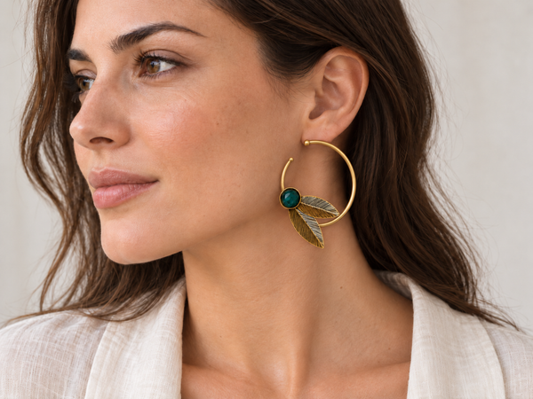 Asymmetrical Leaves Brass Earrings with Agate New
