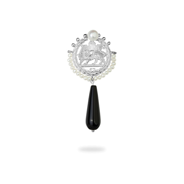 Lion & Sun Silver Brooch with Pearl-Onyx