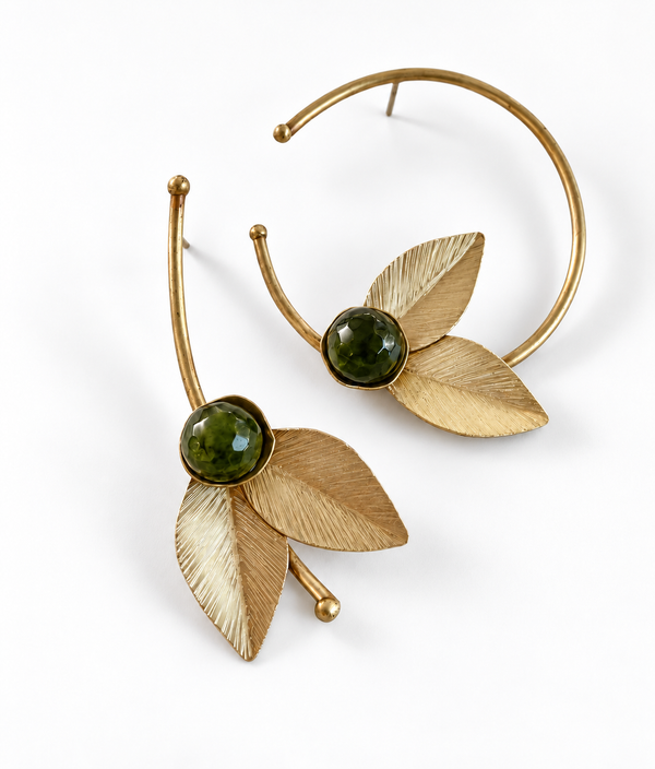 Asymmetrical Leaves Brass Earrings with Agate New