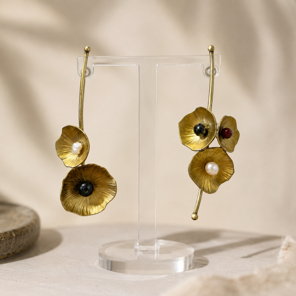 Asymmetrical Flower Garden Brass Earrings with Gems
