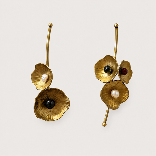 Asymmetrical Flower Garden Brass Earrings with Gems