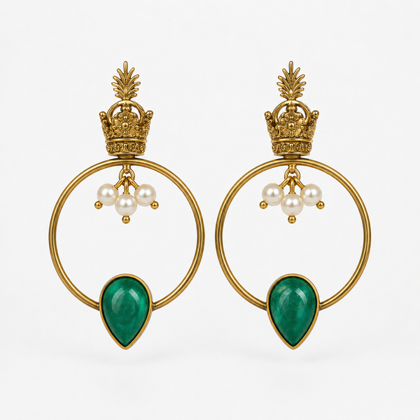 Large Crown Brass Earrings with Green Stone & Pearls