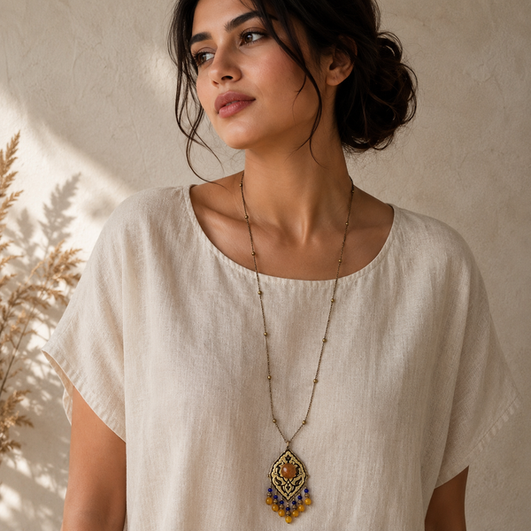 Persian Motif Brass Long Necklace