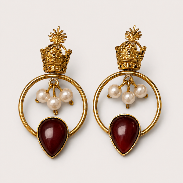 Crown Brass Earrings with Pearls