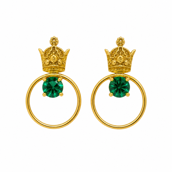 Circle Golden Crown Brass Earrings with Gems