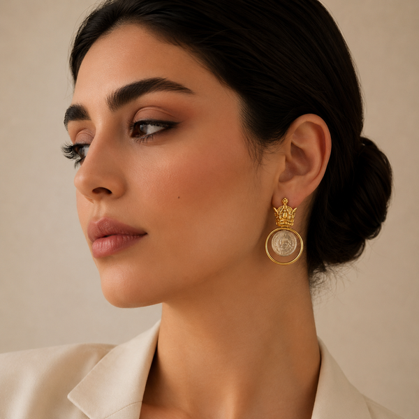 Circle Golden Crown Brass Earrings with Pahlavi Coins