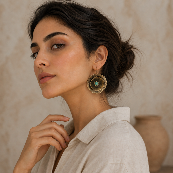Large Brass Flower Earrings with African Turquoise