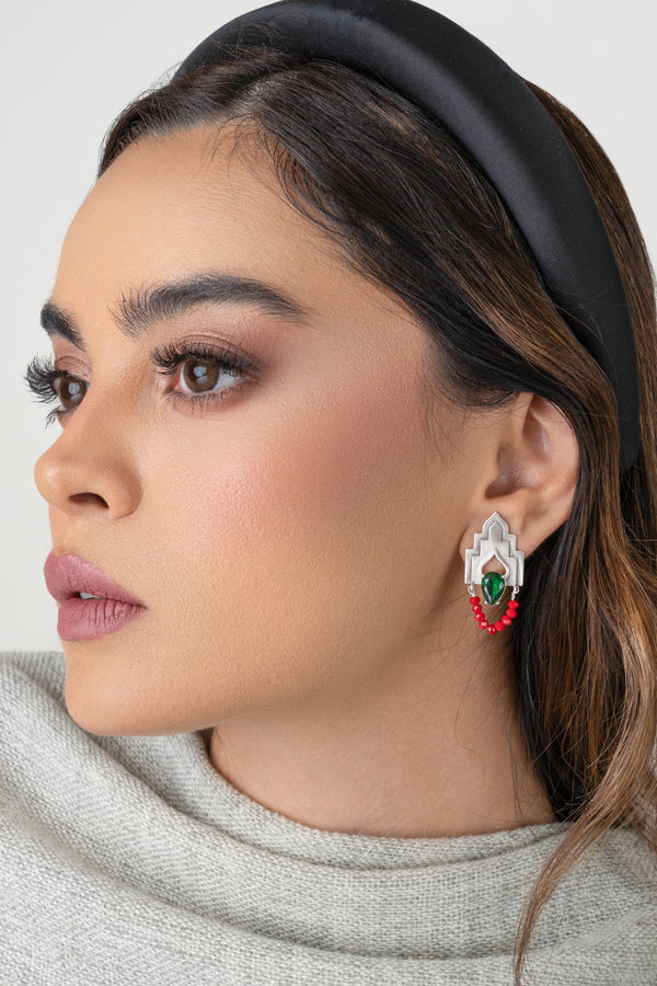 Architectural Sterling Silver Earrings with Green Teardrop Gem