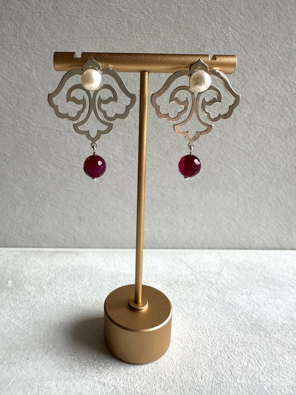 Silver Flower Statement Earrings with Pearl and Red Agate
