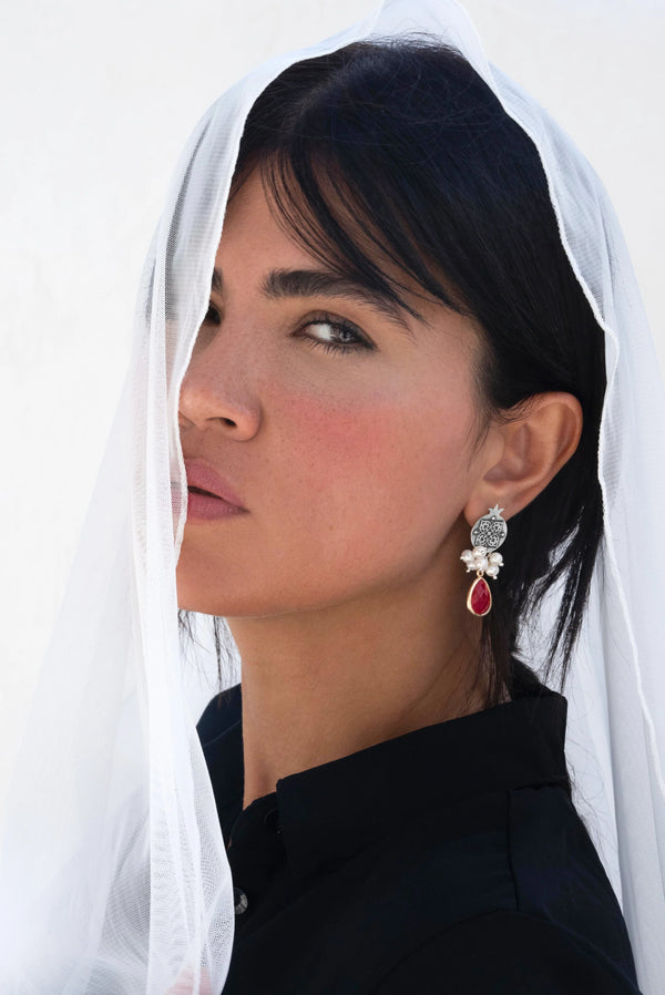 Pomegranate-Pearls Red Agate Earring
