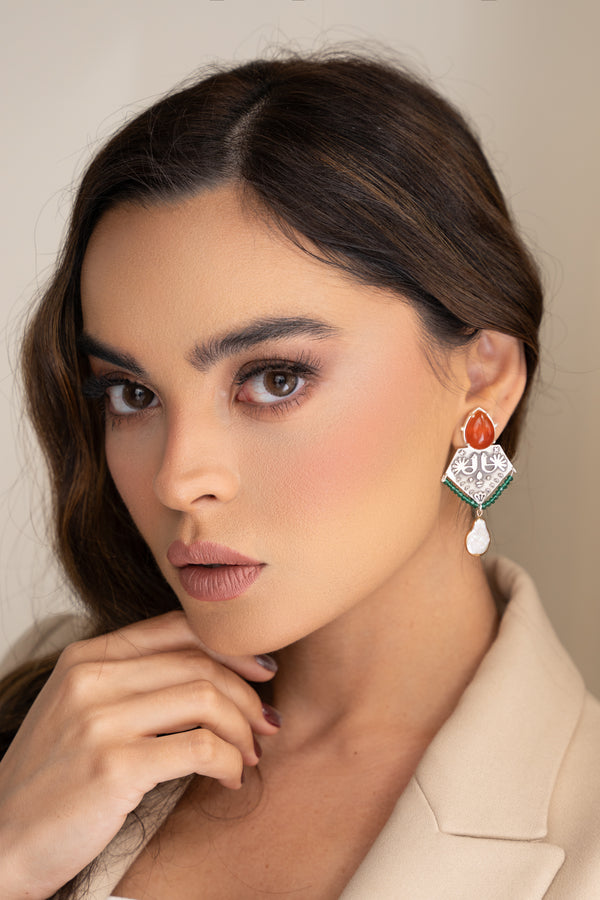 Silver Folk Art Statement Earrings with Agate & Pearl