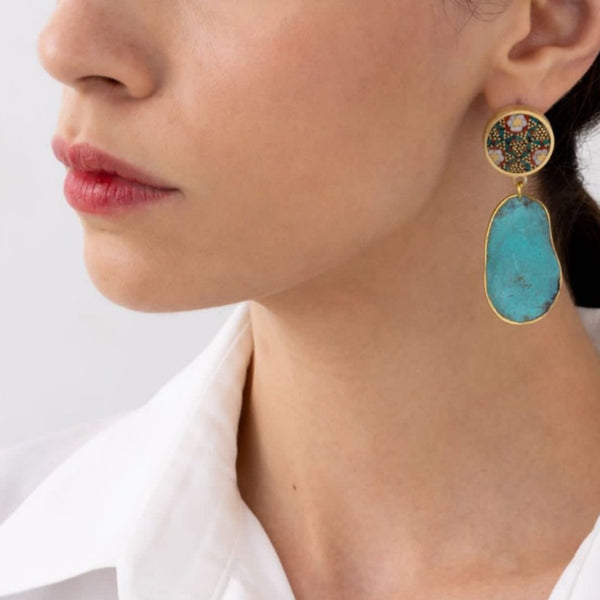 Adorn-Khatam Brass-Blue Patina Earring