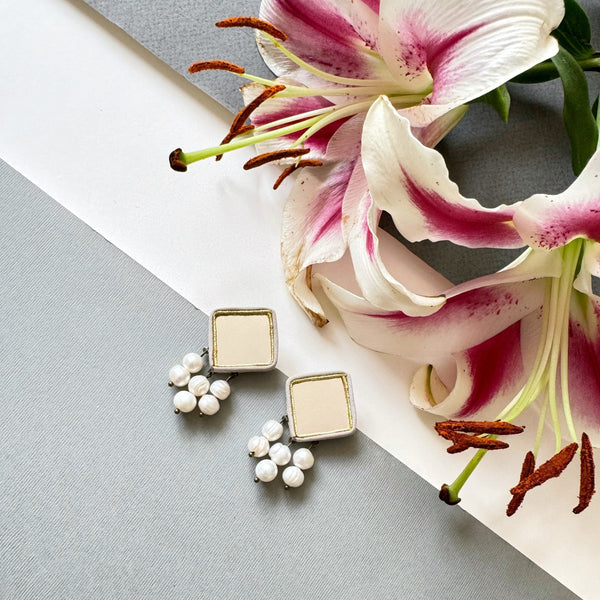 Square Mirror Earrings with Pearl