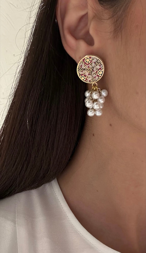 Khoosheh Pearl-Khatam Brass Earring