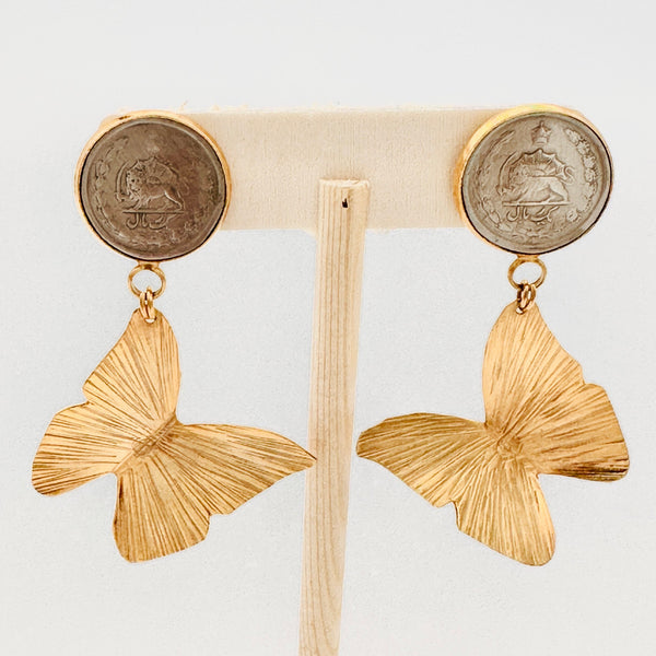 Golden Butterfly Earring With Pahlavi Coin