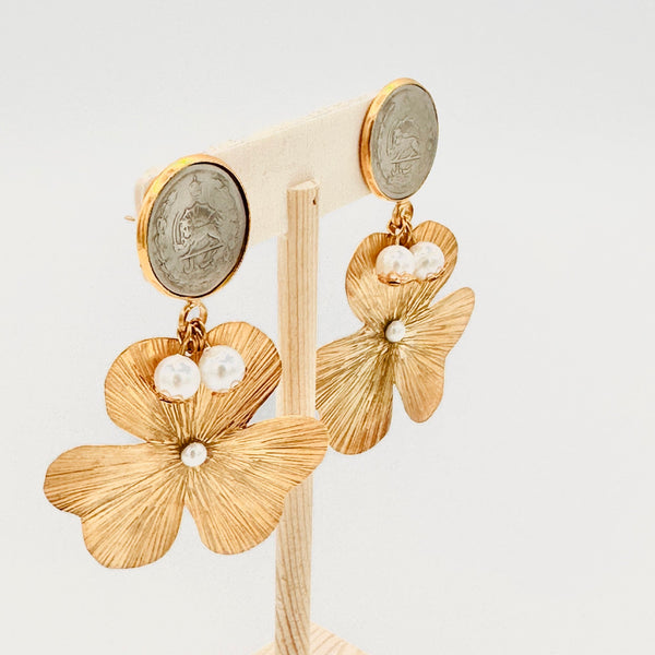 Flower Pendant Earring With Pahlavi Coin