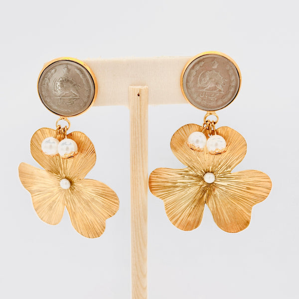 Flower Pendant Earring With Pahlavi Coin