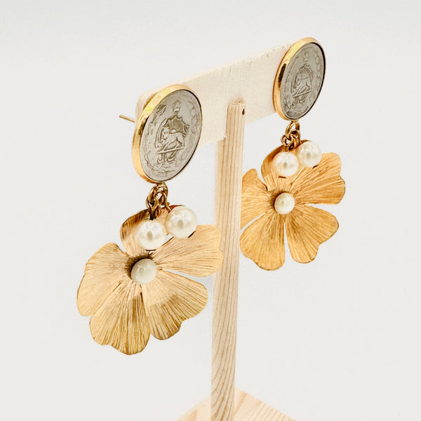 Blossom Pendant Earring With Pahlavi Coin
