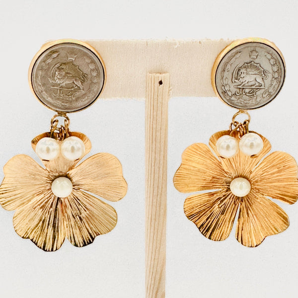 Blossom Pendant Earring With Pahlavi Coin