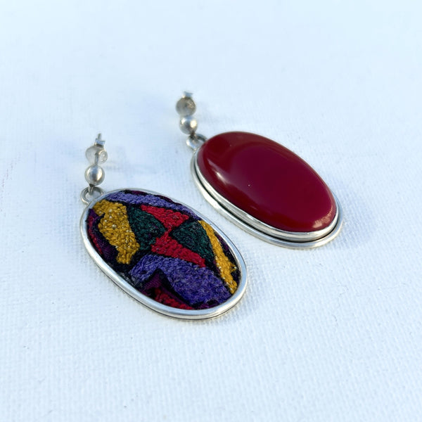 Red Jade & Textile Silver Earrings