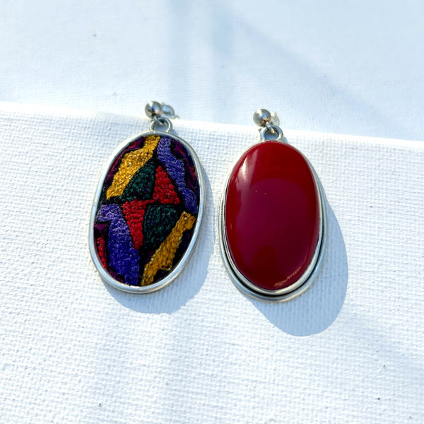 Red Jade & Textile Silver Earrings