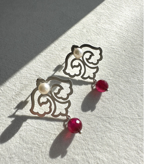 Silver Flower Statement Earrings with Pearl and Red Agate