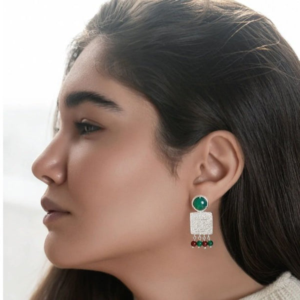 Silver Square Stud Earrings with green and Red Agate