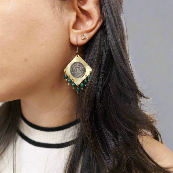 Pahlavi Coin Brass Earring with Green Stones