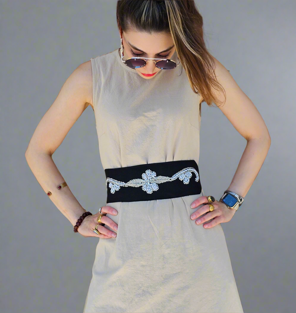 Winter Blossom Hand Beaded Belt