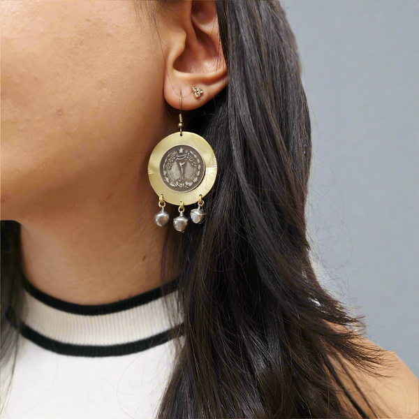 Pahlavi Coin Brass Earring with Three Drops