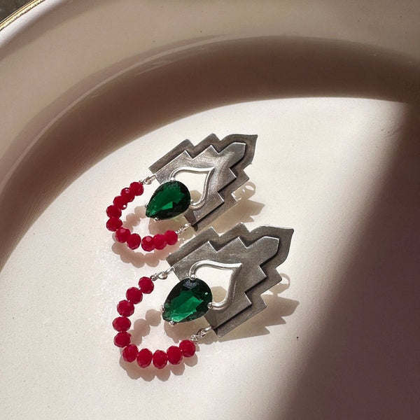 Architectural Sterling Silver Earrings with Green Teardrop Gem