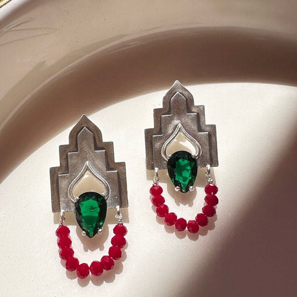 Architectural Sterling Silver Earrings with Green Teardrop Gem