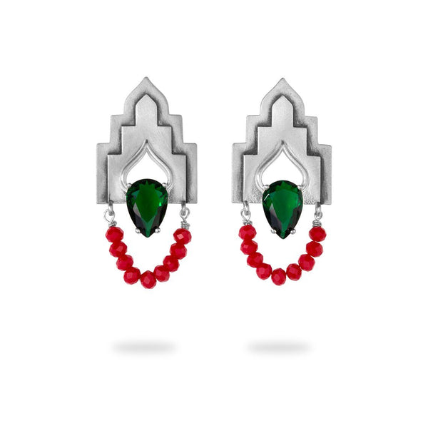 Architectural Sterling Silver Earrings with Green Teardrop Gem