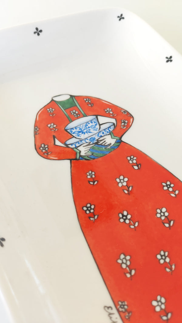 Qajar Outfit in red hand painted rectangular dish