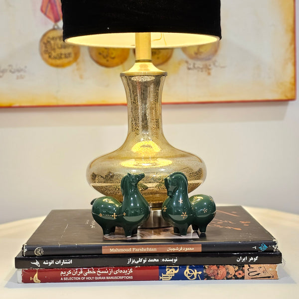 Green Ceramic Horses Sculpture with Gold Touches