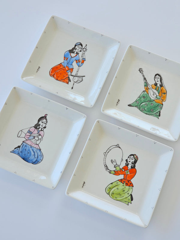 Hand painted Qajar Instrumentalists Square plate (Set of 4)