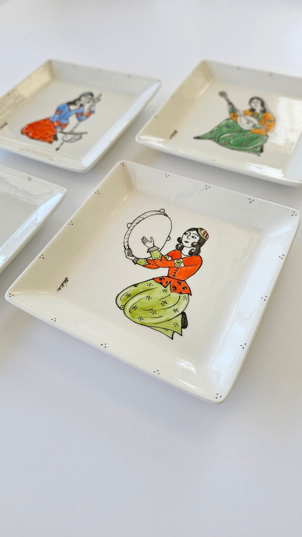 Hand painted Qajar Instrumentalists Square plate (Set of 4)