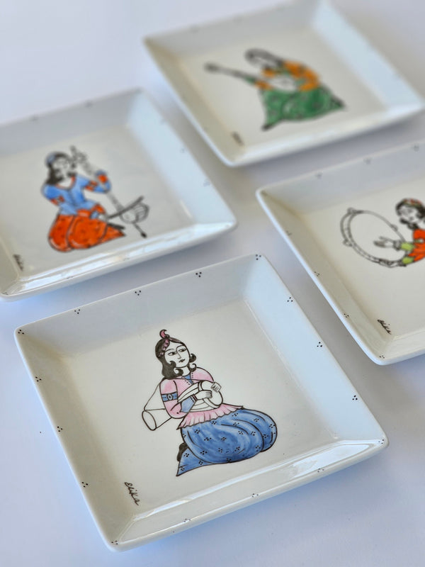 Hand painted Qajar Instrumentalists Square plate (Set of 4)