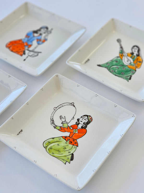 Hand painted Qajar Instrumentalists Square plate (Set of 4)