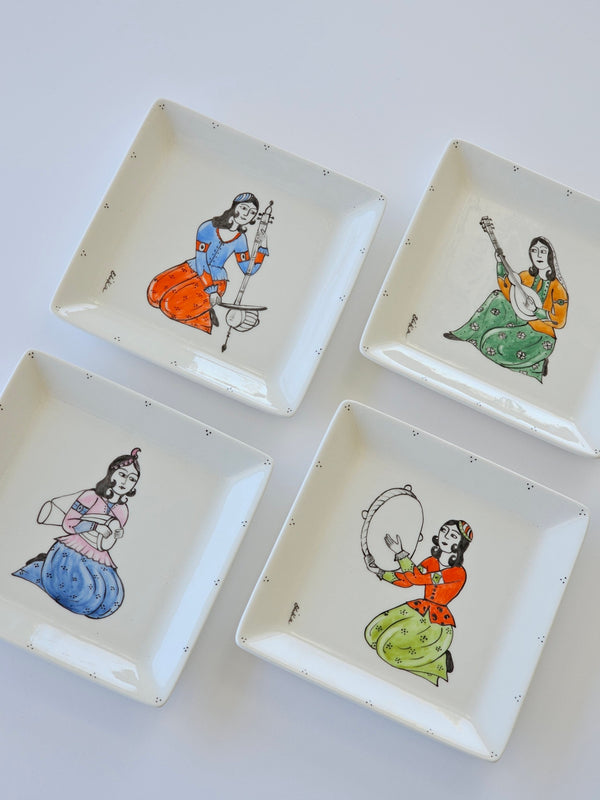 Hand painted Qajar Instrumentalists Square plate (Set of 4)