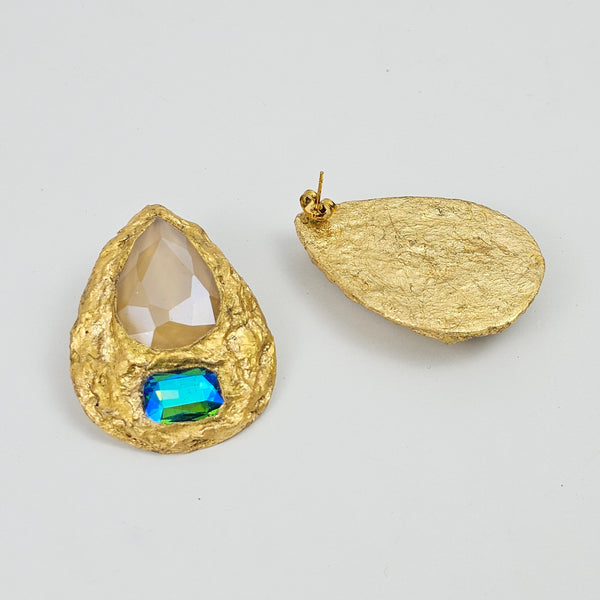 Tear Paper Mache with Green-Blue Stone Earring